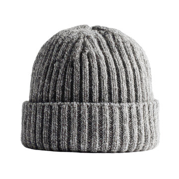 Gray knitted beanie hat with ribbed texture, rounded crown, and soft folded cuff detailing isolated on transparent background.
