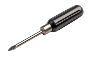 Screwdriver with a dark ergonomic handle, shiny metal shaft, and precision tip for fastening and repair tasks isolated on transparent background.
