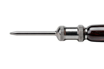 Screwdriver with a dark ergonomic handle, shiny metal shaft, and precision tip for fastening and repair tasks isolated on transparent background.
