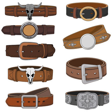 Cowboy belt cartoon vector set featuring western style belts with decorative buckles leather textures and ranch theme for kids designs branding posters stickers and creative projects
