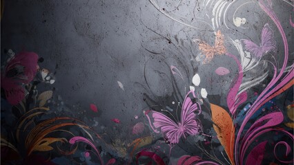Textured abstract butterfly art on a dark grunge background. Vibrant pink, orange, and white floral swirls create a dramatic artistic canvas with copy space.