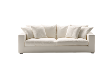 White upholstered sofa with clean tailored cushions, low arms, and a modern streamlined silhouette isolated on transparent background.
