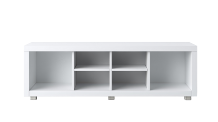 Modern white TV console cabinet with a low wide body, central open shelf, and side storage compartments with clean lines isolated on transparent background.
