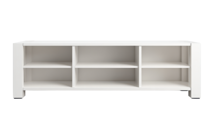 Modern white TV console cabinet with a low wide body, central open shelf, and side storage compartments with clean lines isolated on transparent background.
