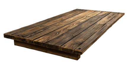Low rectangular wooden platform deck panel with visible plank seams, natural grain texture, and sturdy flat construction isolated on transparent background.
