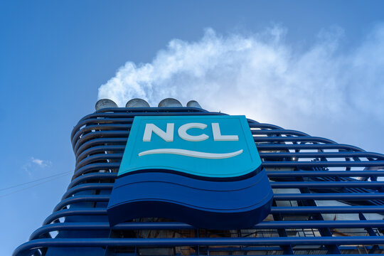 Norwegian Cruise Line (NCL) logo on the funnel or smoke stack. Norwegian Jade cruise ship. 