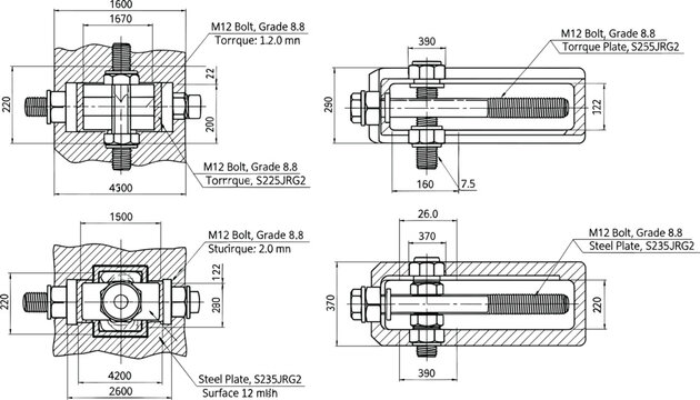 Technical drawing of mechanical assembly with M12 bolts, steel plates, torque specs, engineering vector illustration for manufacturing