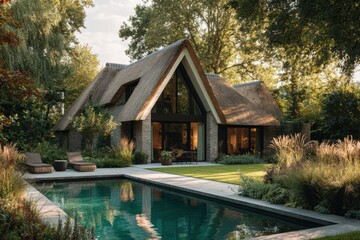 Modern house with thatched roof near swimming pool surrounded by greenery located in a garden setting during late afternoon