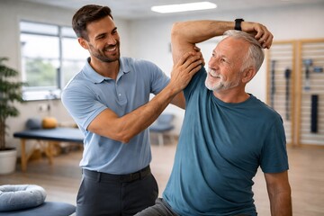 A young male therapist assisting an older man during physical therapy