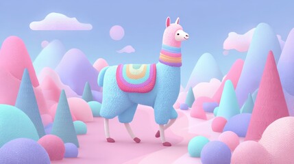 Colorful llama in whimsical landscape with pastel mountains