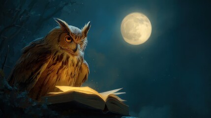 Wisdom of the night owl reading under the full moon's glow