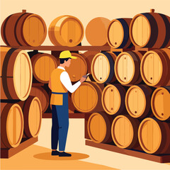 Worker Inspecting Barrels in Cellar