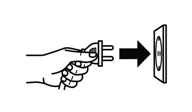 A hand plugging an electrical plug into a wall socket illustration