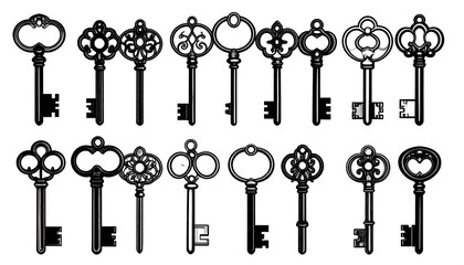 Collection of Ornate Vintage Skeleton Keys Silhouettes on a White Background