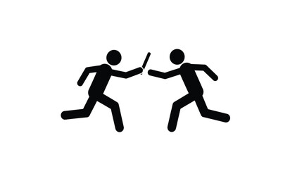 Two figures running and reaching towards each other with a stick