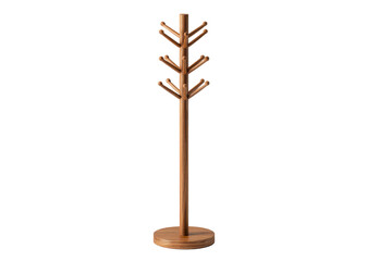 Wooden coat rack stand with multiple hooks, tall central pole, smooth wood grain, stable weighted base and minimal functional entryway design isolated on transparent background.