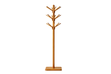 Wooden coat rack stand with multiple hooks, tall central pole, smooth wood grain, stable weighted base and minimal functional entryway design isolated on transparent background.