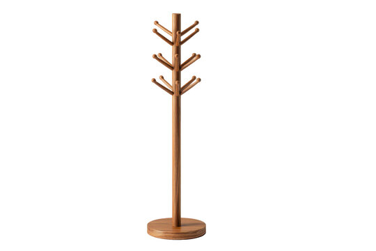 Wooden coat rack stand with multiple hooks, tall central pole, smooth wood grain, stable weighted base and minimal functional entryway design isolated on transparent background.
