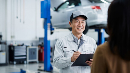 Smiling Asian mechanic talking to customer in auto repair shop garage