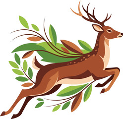 Leaping Forest Deer with Greenery