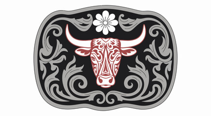 Fototapeta premium Decorative belt buckle with bull skull and floral accents western style emblem showing heritage culture rodeo fashion branding posters stickers apparel accessories and creative graphic design projects