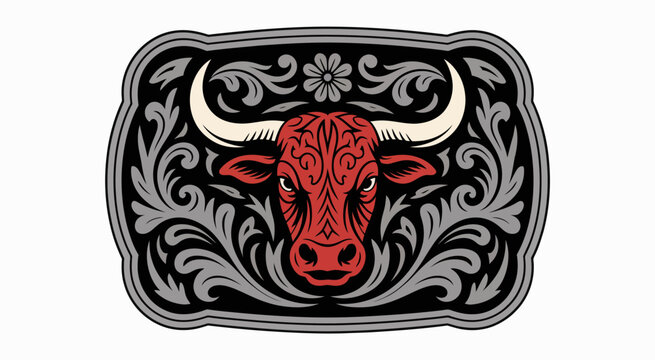Decorative belt buckle with bull skull and floral accents western style emblem showing heritage culture rodeo fashion branding posters stickers apparel accessories and creative graphic design projects