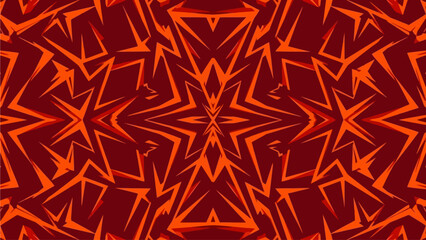 A vibrant red and orange star-shaped pattern illustration from a direct viewpoint showcasing intricate designs and geometric shapes
