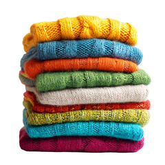 Stack of colorful knitted sweaters winter warmth cozy fashion isolated on transparent background.
