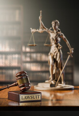 Lawsuit: Judge's Gavel as a symbol of legal system, Themis is the goddess of justice and wooden...