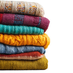 Stack of colorful knitted sweaters winter warmth cozy fashion isolated on transparent background.