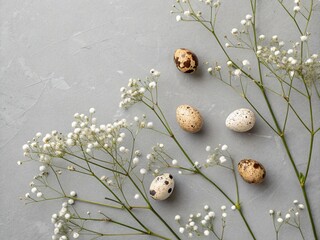 Gipsophila and small eggs on simple gray background