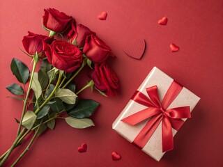 Red roses and gift box with ribbon, over red background flat lay. Valentine's Day