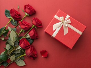 Red roses and gift box with ribbon, over red background flat lay. Valentine's Day