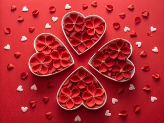 decorative heart shaped petals on red background.valentines day