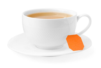 Tea brewing. Cup with tea bag isolated on white