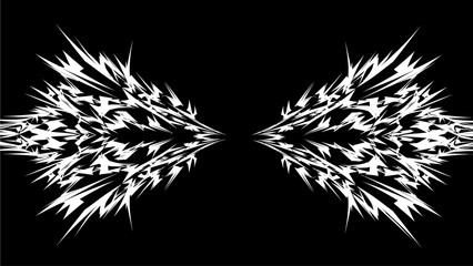 Symmetrical abstract illustration of sharp shapes forming a mirrored pattern on a black background from a front viewpoint