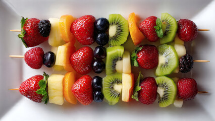 Obraz premium Assorted fruit skewers with strawberries kiwi pineapple and berries arranged in a top down view on a white plate