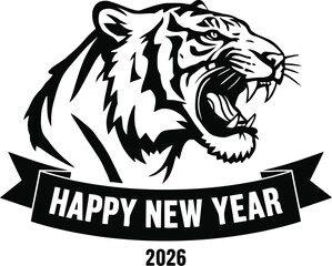 Fototapeta premium Roaring tiger head with Happy New Year 2026 ribbon banner vector in black and white for festive celebration design