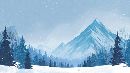 Obraz premium Winter mountain landscape illustration with snowfall. Majestic icy blue mountains and snowy forest background.