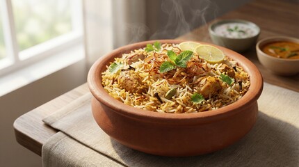 Traditional Chicken Biryani Served in Clay Pot with Aromatic Rice, Spices and Fresh Herbs