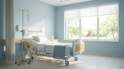 Modern empty hospital ward with comfortable bed and medical equipment. Healthcare and patient care concept.