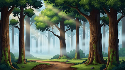 Vibrant Illustrated Forest Scene with a Dirt Path, Majestic Trees, and Beaming Sunrays Through Mist