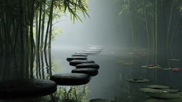 Peaceful Zen Stepping Stone Path in a Mystical Bamboo Water Garden - Powered by Adobe