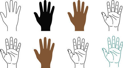 Fototapeta premium Human hand icons, gesture outlines, palm anatomy, silhouette styles, vector graphics, diverse hand shapes, flat vector illustration