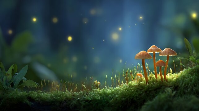Enchanted Forest Mushrooms, Moss, and Fireflies Illuminate a Magical Woodland at Night