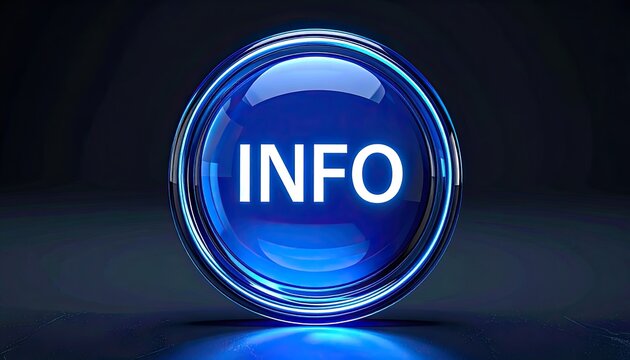 Illuminated blue digital information icon button on a dark background.