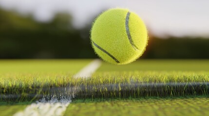 A tennis ball is in the air, hovering over a tennis court. The ball is green and fuzzy, and it is in motion. The scene is set in a grassy field, with a tennis net in the background