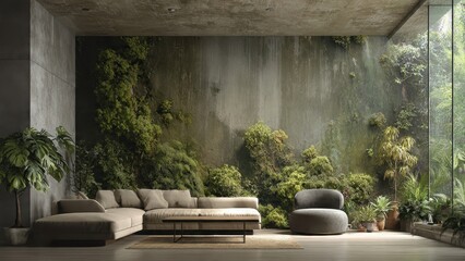 Luxurious modern living room with large beige sectional sofa, dark grey chair, and dramatic biophilic design featuring a lush green moss wall and jungle view