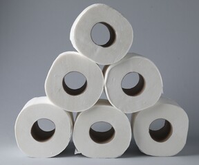 Toilet paper rolls on light grey background, closeup
