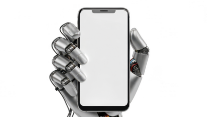 Robotic hand holding smartphone, transparent background